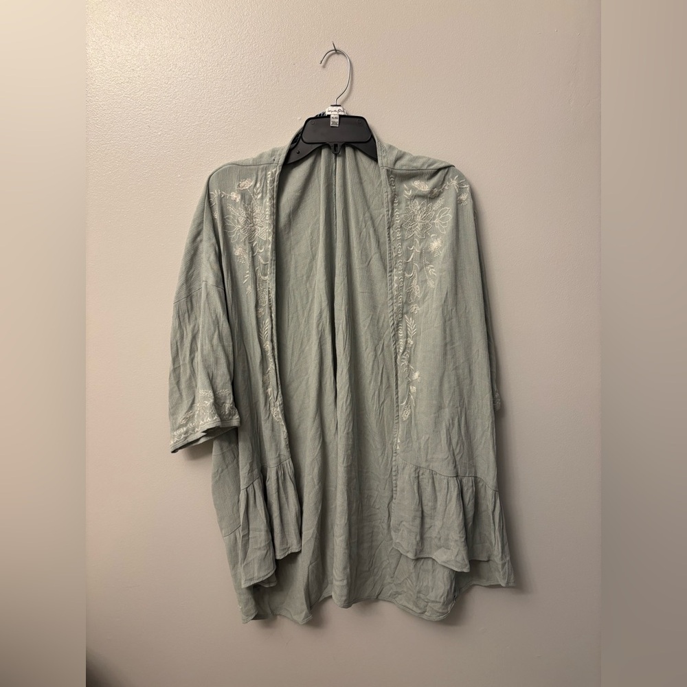 Love, Fire Mint Embroidered Kimono